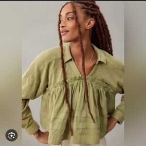 Pilcro Sage Green Ruffled V-Neck Blouse